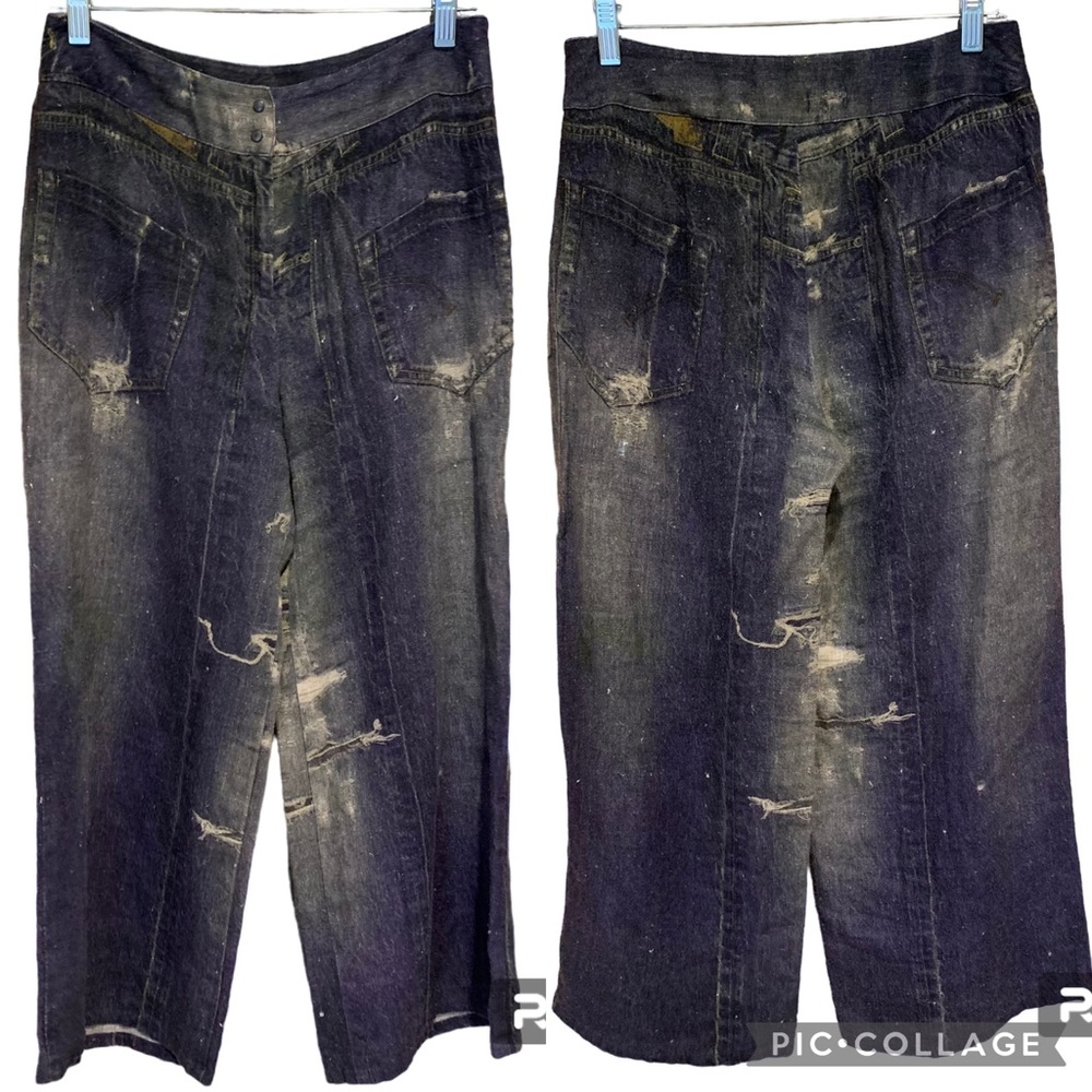 Babette 100% Linen "Denim-Printed" Wide Leg Cropped Pants - Lagenlook - Size SP